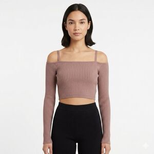 NWT Zara | Brown Ribbed Knit Cold Shoulder Crop Top Long Sleeve Small